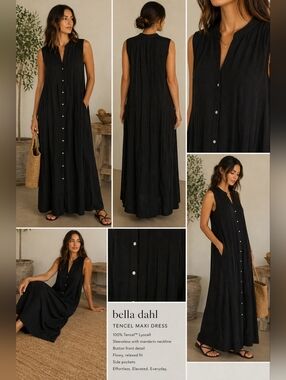 Bella Dahl Black Sleeveless Tencel Maxi Dress Minimalist Sz L